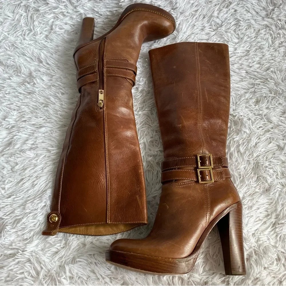 Tory Burch Brown Leather Platform Heels Boots with Ankle Straps Size 8 - Picture 7 of 11